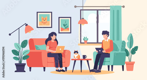 Cozy living room scene with two people working on laptops and a cat