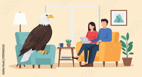Couple with laptop shares home with an eagle and houseplants