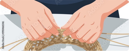 Close-up of hands weaving a basket with natural fibers