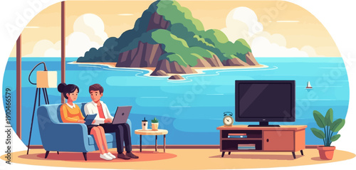 Couple working on laptops with ocean view and island
