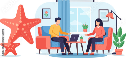 Couple working remotely in a modern living room with starfish decor