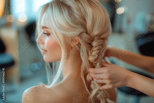 Hands gently braiding long blonde hair in a salon, intimate pampering moment with soft lighting and relaxed mood