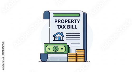 Property tax bill payment with dollars coins and house icon on document