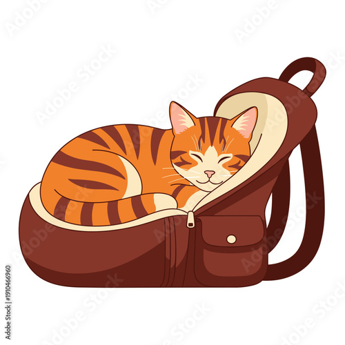 Orange cat sleeping comfortably in a brown backpack pet carrier  