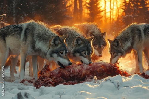 Four wolves feeding on a fresh carcass in a snowy forest at golden sunset, a tense primal scene of survival and hunger