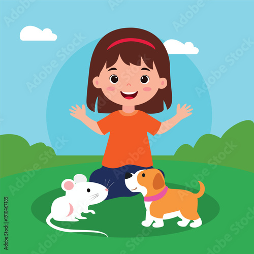 A young girl with a dog and a mouse outside