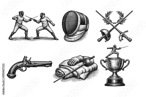 Vintage fencing sport engraving set, retro duel and swordsmanship sketches in woodcut style
