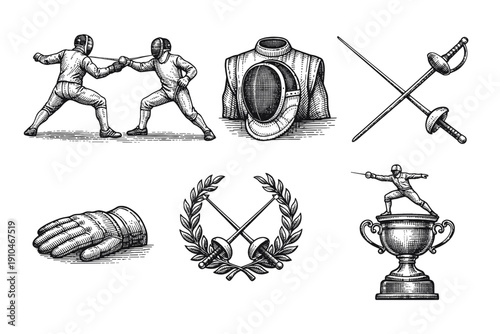 Vintage fencing sport engraving set, retro duel and swordsmanship sketches in woodcut style