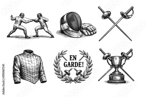 Vintage fencing sport engraving set, retro duel and swordsmanship sketches in woodcut style