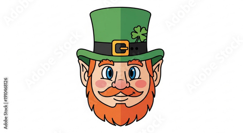Cartoon leprechaun face with green hat and orange beard on white background smiling and looking forward with blue eyes
