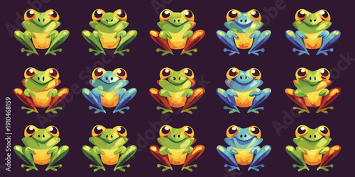Colorful cartoon frogs arranged in a grid pattern on a dark background
