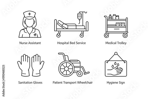 Minimal line icons showing nurse assistant, hospital bed service, medical trolley, sanitation gloves, patient transport wheelchair, and hygiene sign set