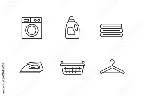 Minimal line icons of laundry essentials featuring washing machine, detergent bottle, folded towels, iron, laundry basket, and clothes hanger on dark background