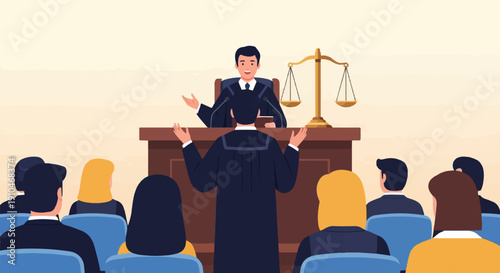 Courtroom scene with judge speaking to a lawyer before an audience