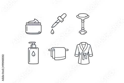 Minimal line icons of skincare and bathroom essentials featuring cream jar, serum dropper, soap dispenser, towel, bathrobe, and pedestal sink