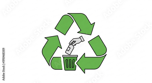 Recycling symbol with a hand putting a plastic bottle into a trash can representing eco friendly waste management and sustainability