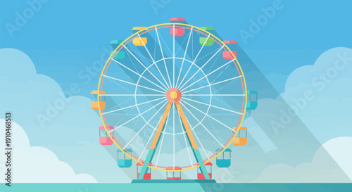 Colorful Ferris wheel against a bright blue sky with fluffy clouds