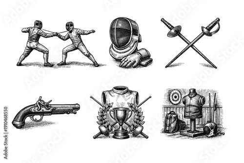 Vintage fencing sport engraving set, retro duel and swordsmanship sketches in woodcut style