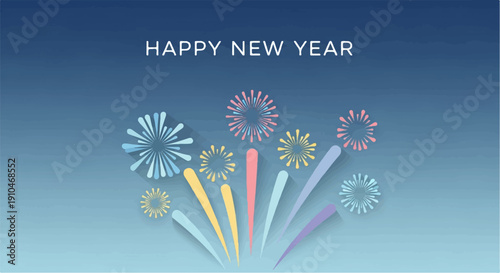 Colorful fireworks burst against a gradient blue sky for New Year