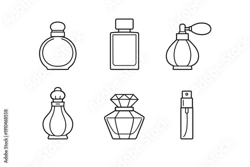 Minimal line art set of assorted perfume bottles and atomizer spray designs, simple black outline fragrance container icons on white background