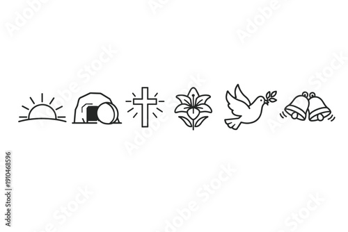 Minimal line art icon set featuring sunrise, empty tomb, cross, lily, dove with olive branch, and wedding bells in simple monochrome outline style