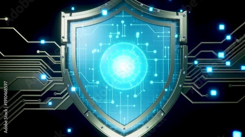 Futuristic Digital Shield with Glowing Blue Circuit Board Lines for Cybersecurity and Data Protection Concept. vertical video.