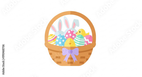 Colorful easter basket filled with decorated eggs and chicks on white background