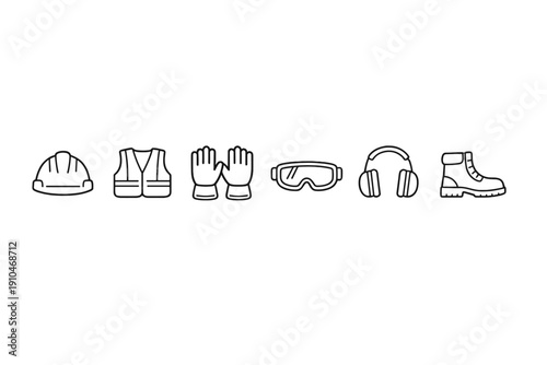 Row of white outline icons showing construction personal protective equipment including hardhat, safety vest, gloves, goggles, earmuffs, and boots