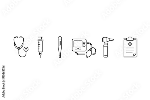 Minimal line icons of medical tools including stethoscope, syringe, thermometer, blood pressure monitor, otoscope, and clipboard on white background