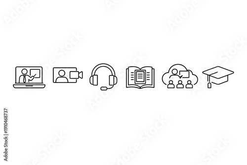 Minimal line icons set representing online education with laptop lecture, video call, headset support, open book study, group learning, and graduation cap