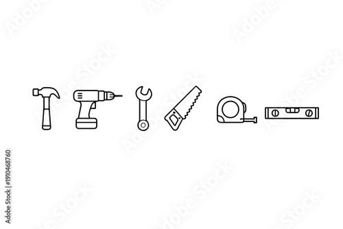Minimal line icon set of hand tools including hammer, power drill, wrench, hand saw, measuring tape, and spirit level on white background
