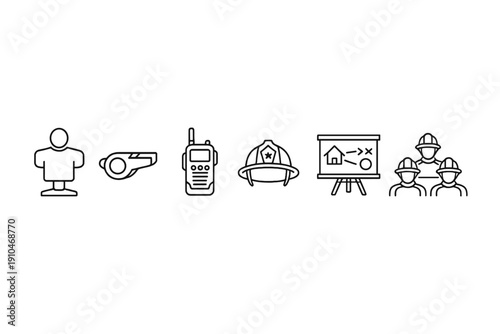 Minimal line icons showing worker, whistle, radio, firefighter helmet, planning board, and construction crew, representing safety training and teamwork