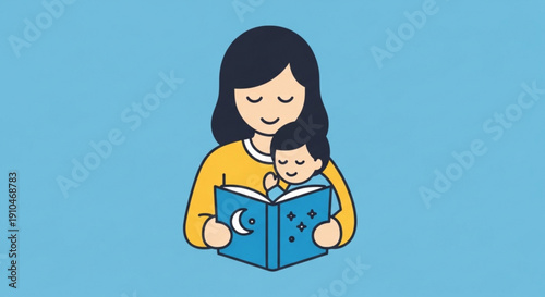 Mother reading bedtime story to baby with moon and stars book
