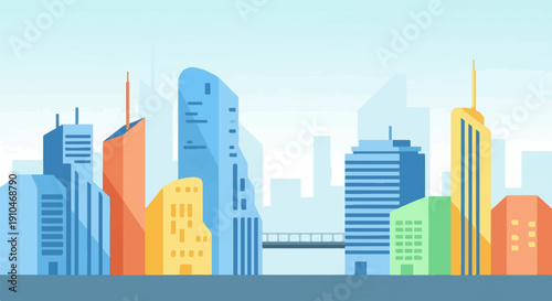Colorful flat illustration of a modern city skyline with geometric buildings