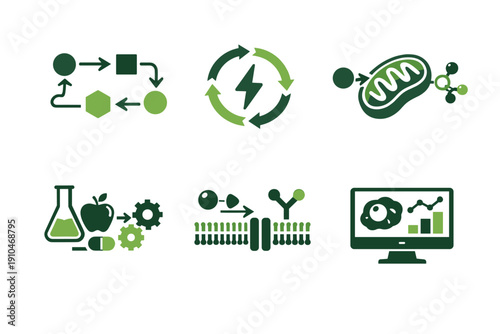 Set of green biotechnology and bioeconomy icons showing recycling energy cycle, DNA microbiology, laboratory chemistry, genome sequencing, and data analytics display
