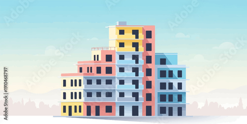 Colorful, flat-style apartment buildings with a soft, hazy background