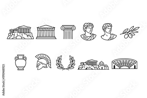 Minimal line icons of ancient classical culture featuring temples, columns, marble busts, olive branch, amphora, helmet, laurel wreath, ruins, and theater