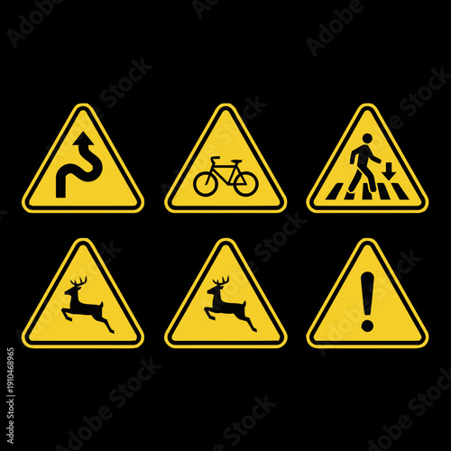 Set of Yellow Triangular Warning Road Signs Vector Illustration