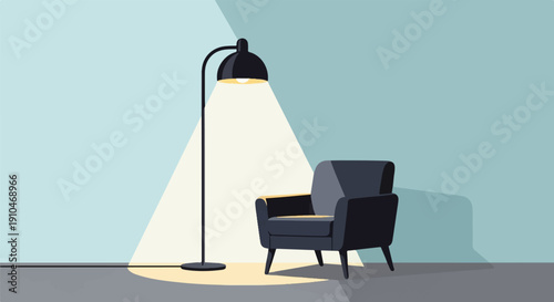 Cozy armchair illuminated by a tall lamp against a light blue wall