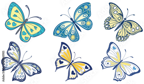 Set of six colorful handdrawn butterflies in shades of blue and yellow, sketch style
