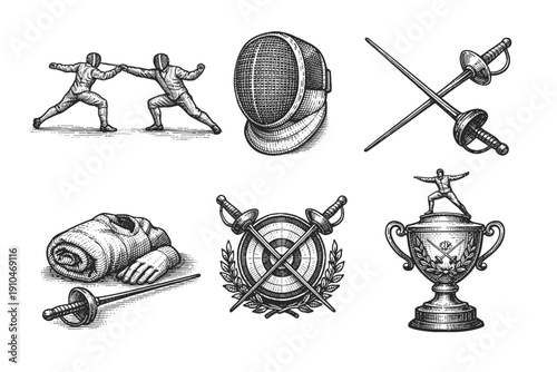 Vintage fencing sport engraving set, retro duel and swordsmanship sketches in woodcut style