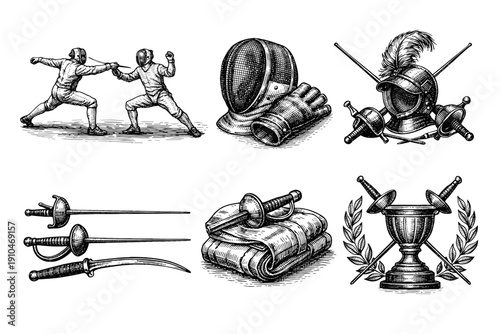 Vintage fencing sport engraving set, retro duel and swordsmanship sketches in woodcut style