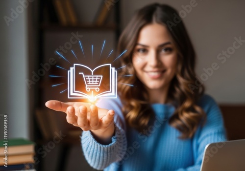 Woman holding a glowing icon of an open book with a shopping cart on a tablet screen, symbolizing online education or book purchasing