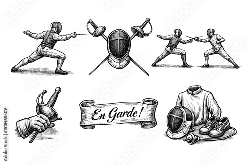 Vintage fencing sport engraving set, retro duel and swordsmanship sketches in woodcut style