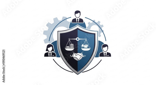 Business partnership and law concept with shield handshake and scales of justice surrounded by three suited professionals and gear