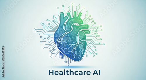 Healthcare ai concept with blue and green heart and circuit board design on gradient background