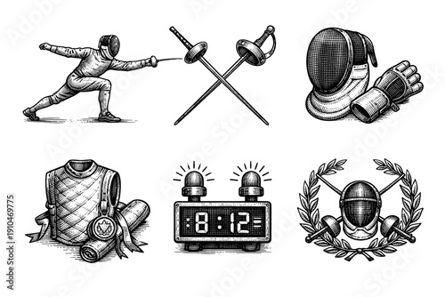 Vintage fencing sport engraving set, retro duel and swordsmanship sketches in woodcut style