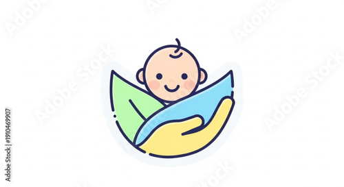 Smiling baby wrapped in colorful blanket held by hand symbolizing care and protection