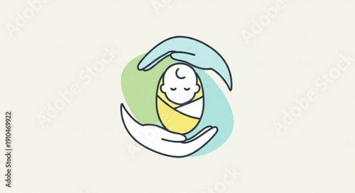 Sleeping baby swaddled in yellow blanket held by hands with protective blue green aura