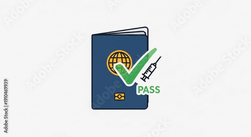 Vaccine passport with green check mark and syringe for travel health requirements